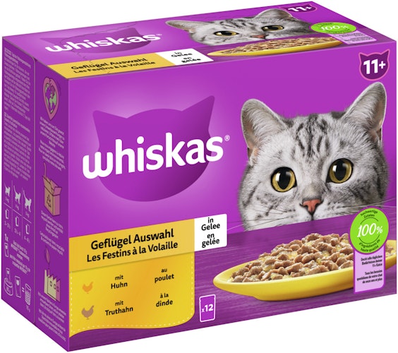 Whiskas 11+ Geflügel Auswahl Gelee Multipack 12 x 85 Gramm Katzennassfutter