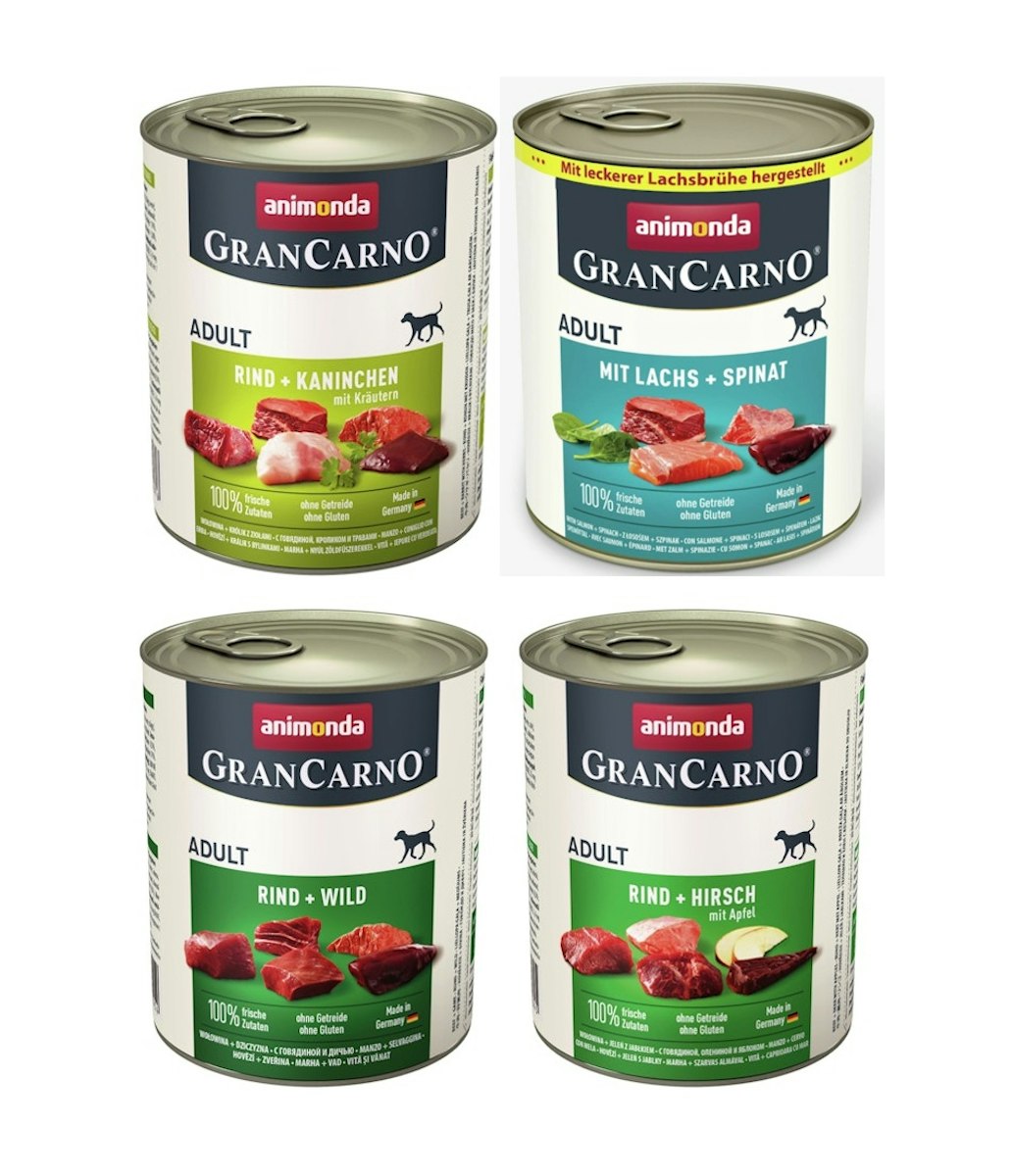 animonda Gran Carno Adult 24 x 800g Mixpaket (Rind&Kaninchen,Lachs&Spinat,Wild,Hirsch&Apfel) Hundenassfutter