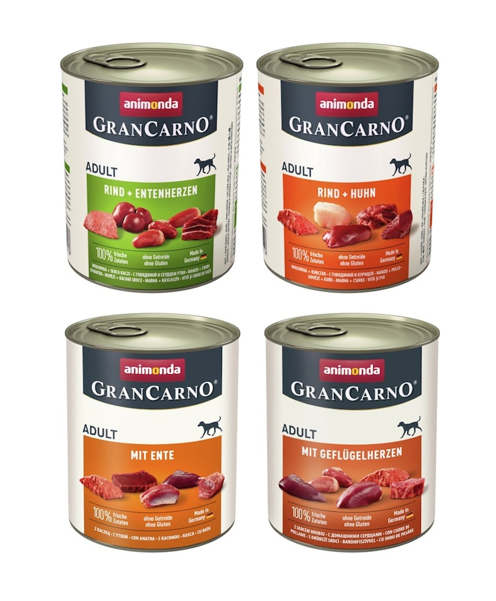 animonda Gran Carno Adult 24 x 800g Mixpaket (Rind&Huhn,Rind&Entenherz,Ente,Geflügelherz) Hundenassfutter
