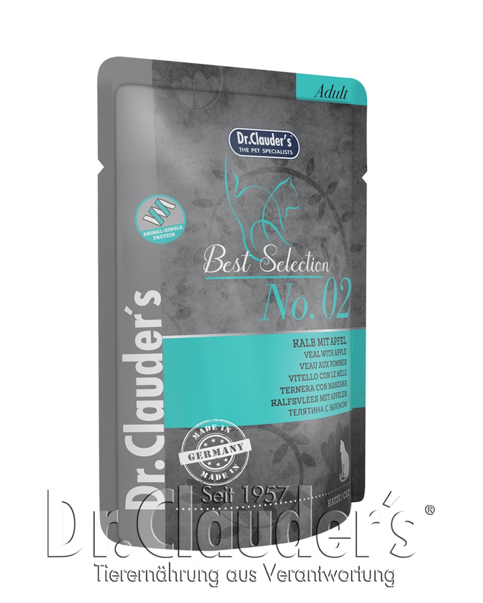 Dr Clauder’s Best Selection 85 Gramm Katzennassfutter Sparpaket 32 x 85 Gramm No 2 Kalb mit Apfel