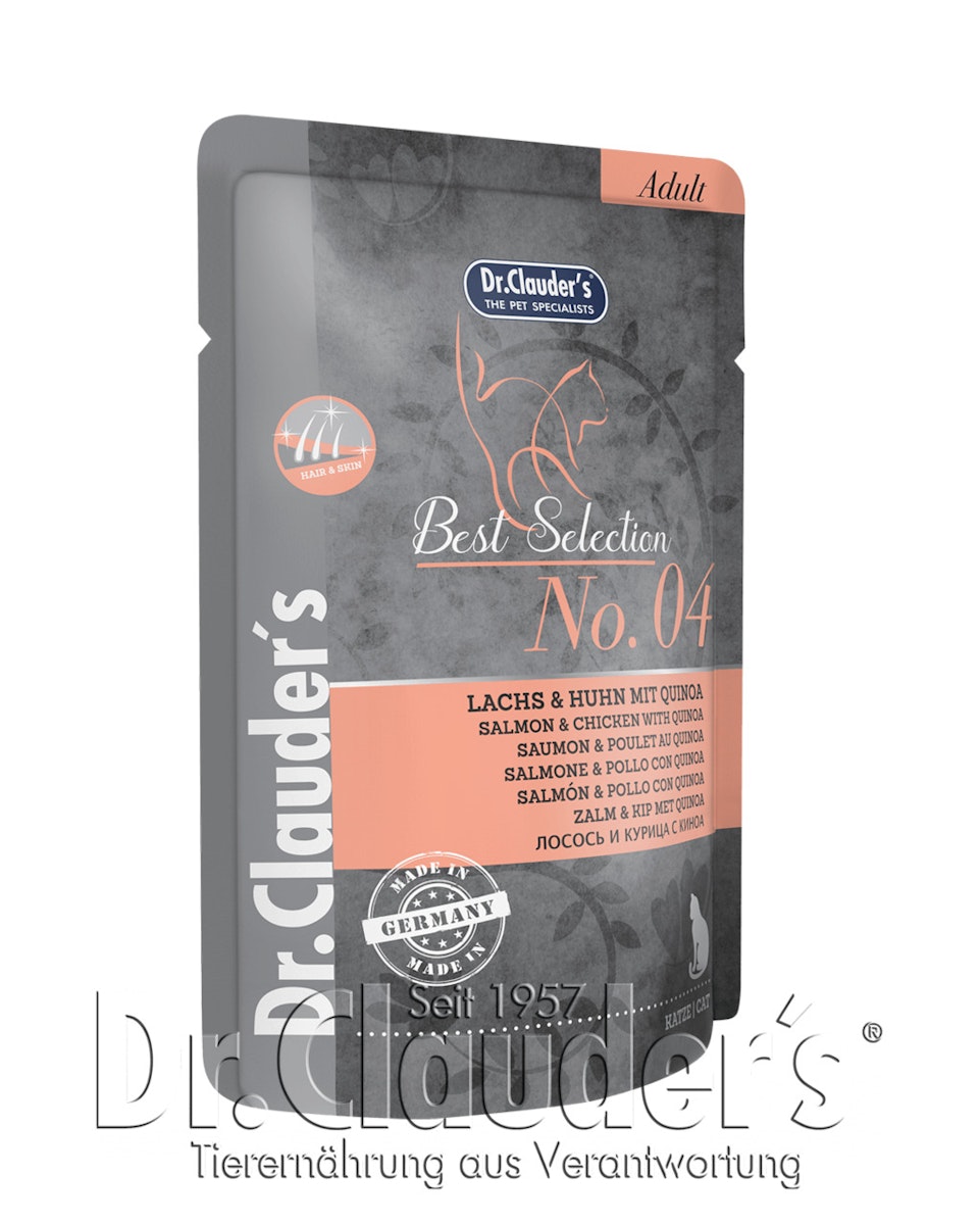Dr Clauder’s Best Selection 85 Gramm Katzennassfutter Sparpaket 32 x 85 Gramm No 4 Lachs & Huhn mit Quinoa