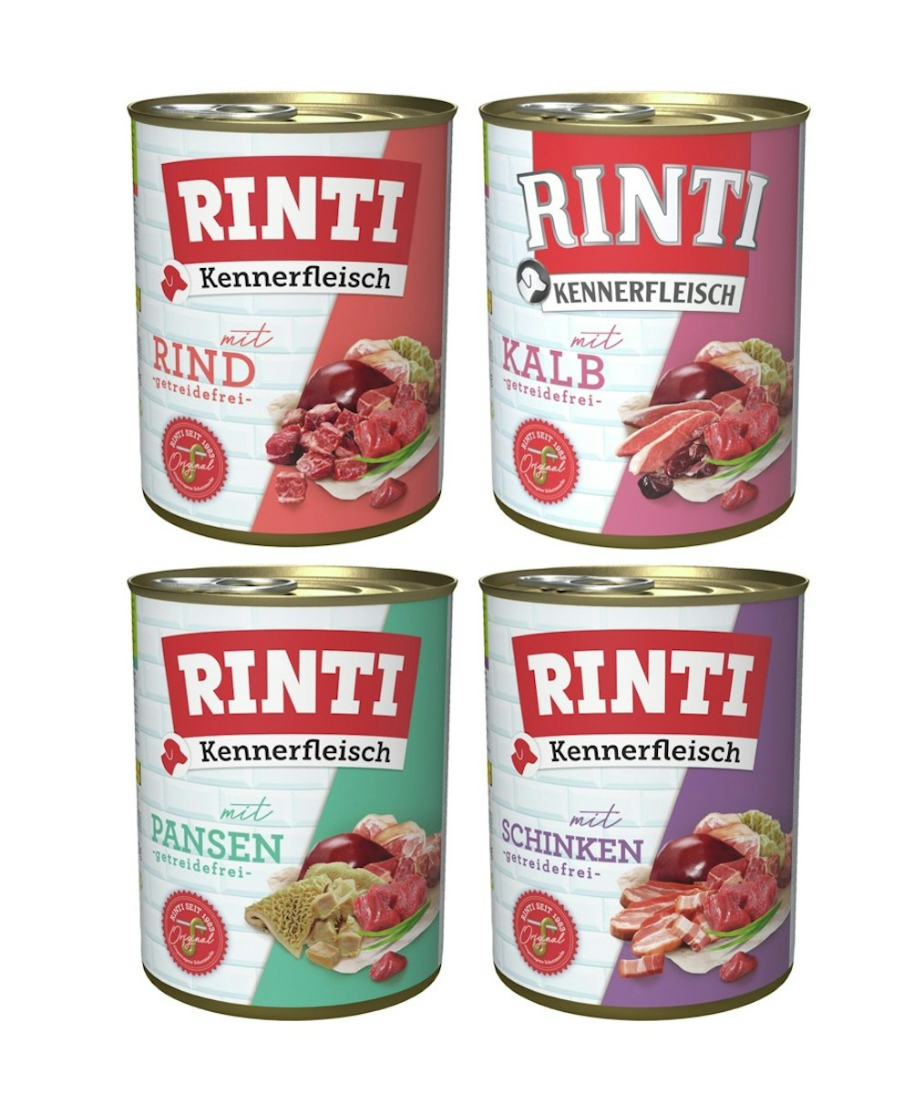 RINTI Kennerfleisch 24 x 400g Mixpaket (Kalb,Pansen,Rind,Schinken)  Hundenassfutter