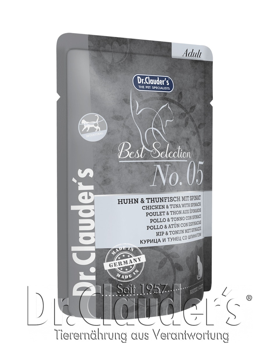 Dr Clauder’s Best Selection 85 Gramm Katzennassfutter 16 x 85 Gramm No 5 Huhn & Thunfisch mit Spinat